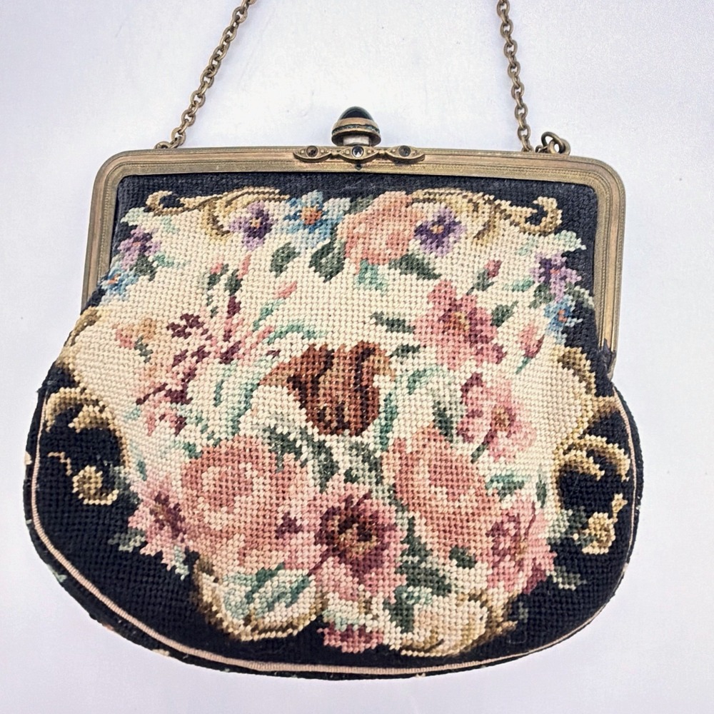 VTG Petit Point Floral Tapestry Evening Bag Jeweled Kiss Lock Chain Purse